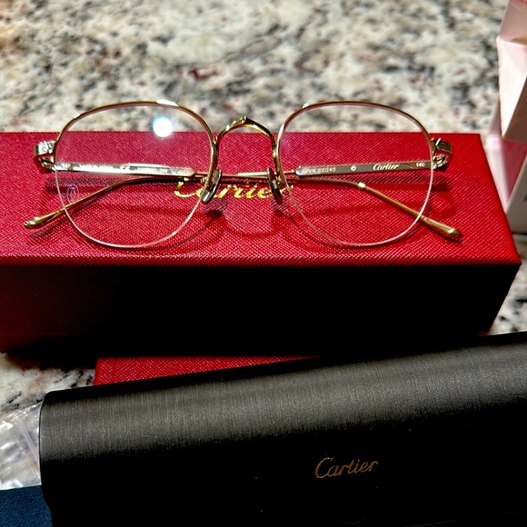 Cartier Round Eyeglasses CT0164O 002 Gold Silver Metal Half Rim Clear Lens 50mm - Picture 1 of 6